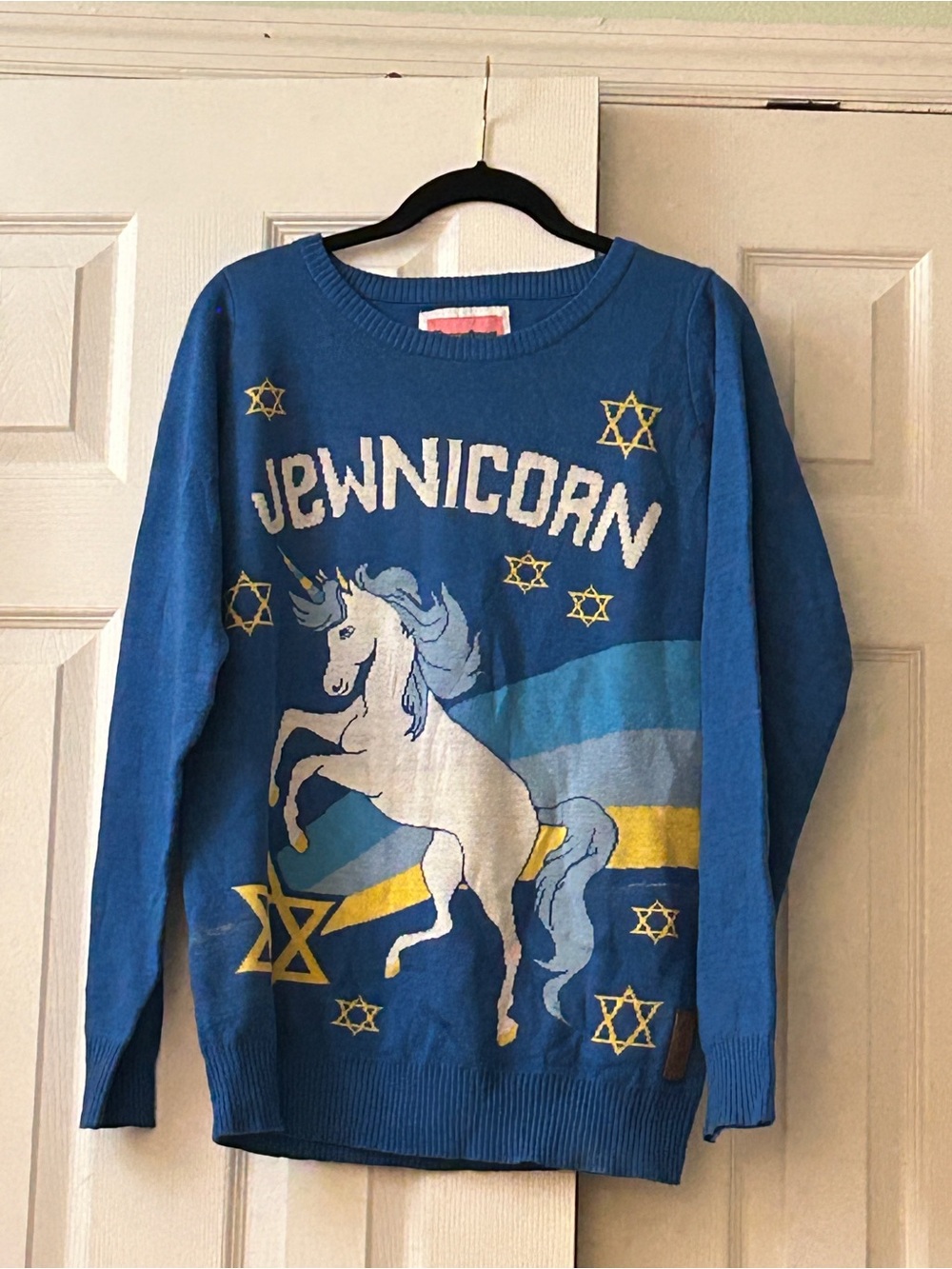 Tipsy Elves Jewnicorn Hanukkah Sweater Womens Medium Blue Ugly Christmas